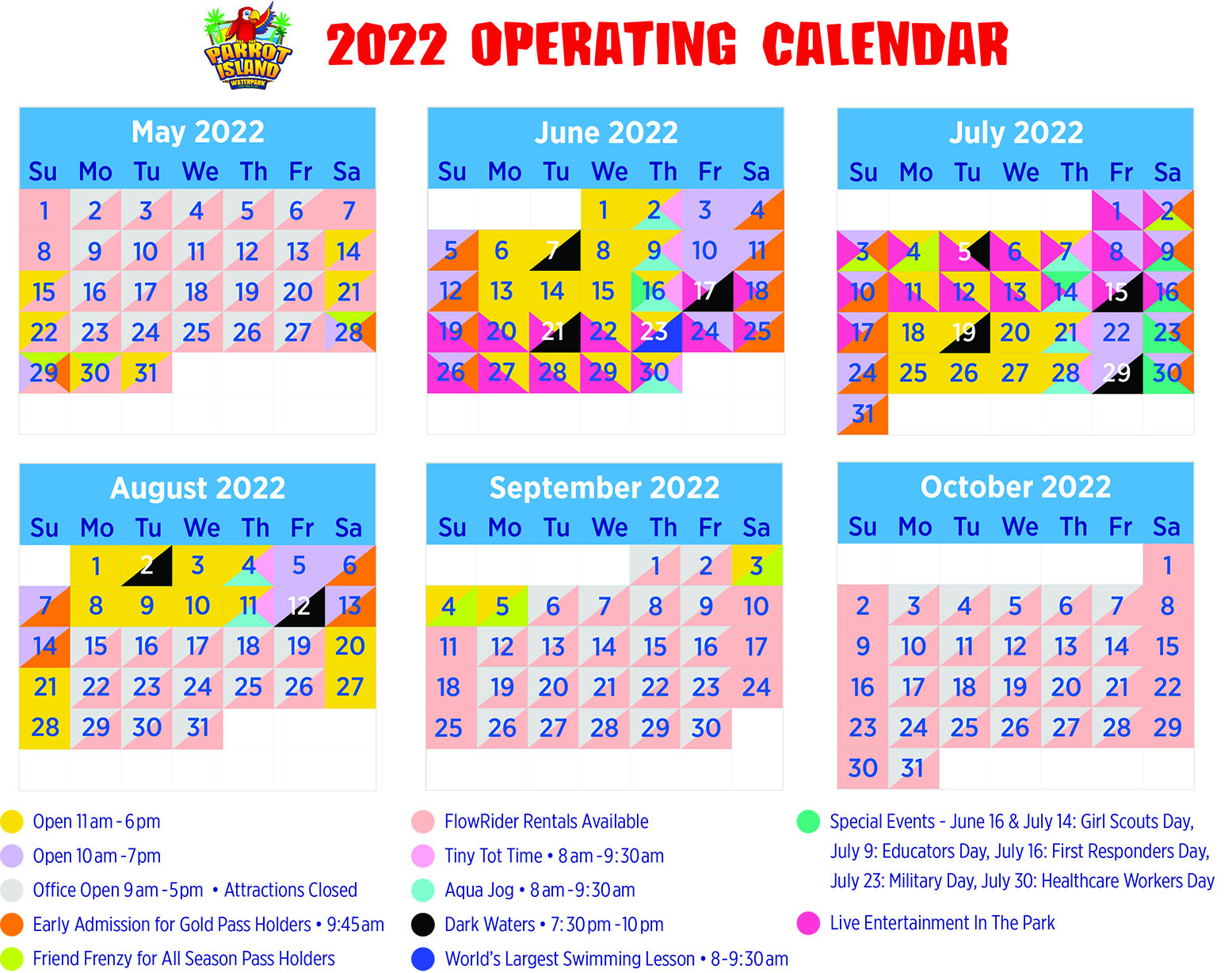 Parrot Island Waterpark Season Calendar