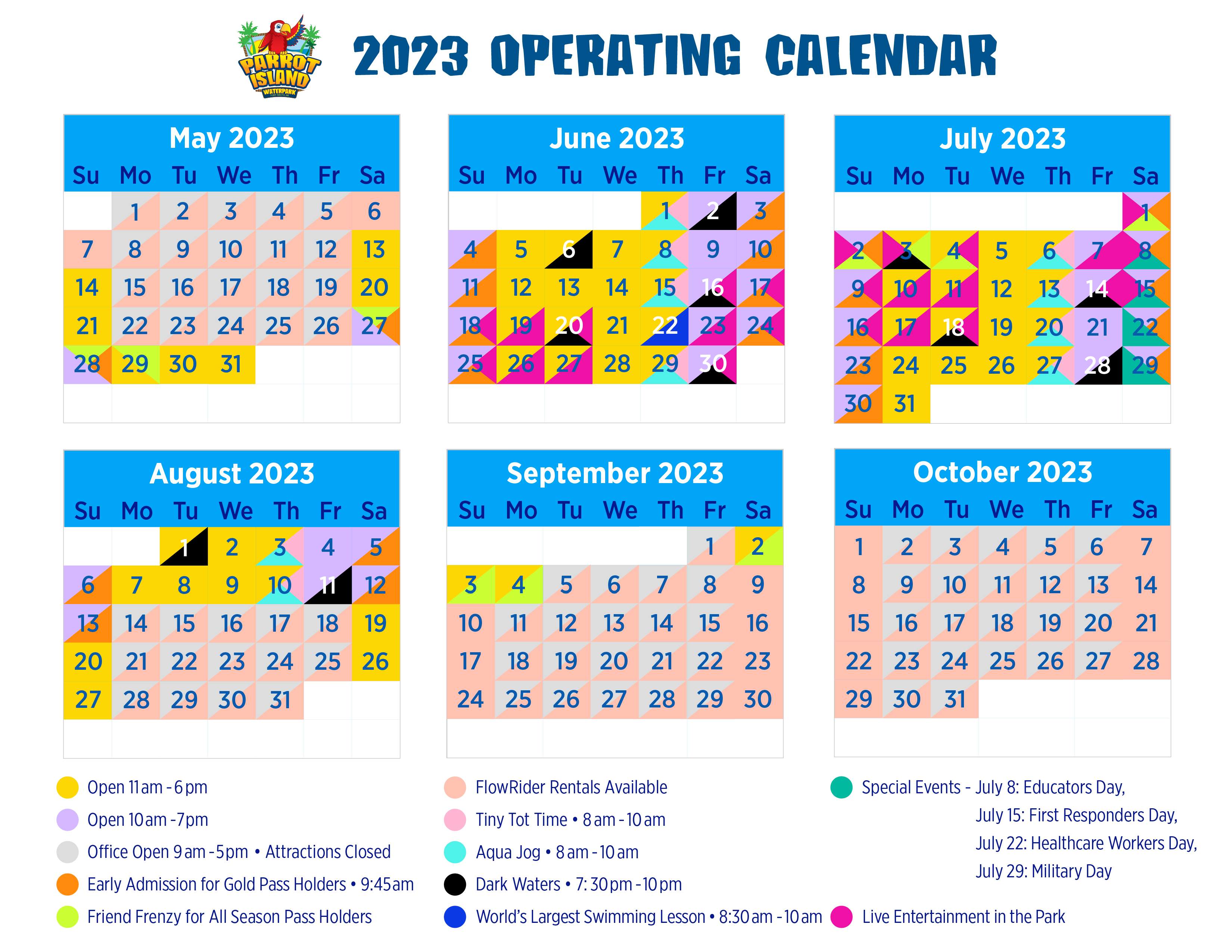 Parrot Island Waterpark Season Calendar