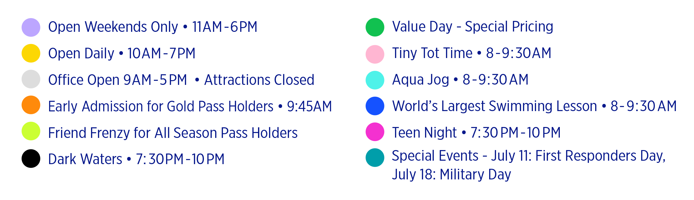 Parrot Island Waterpark Season Calendar